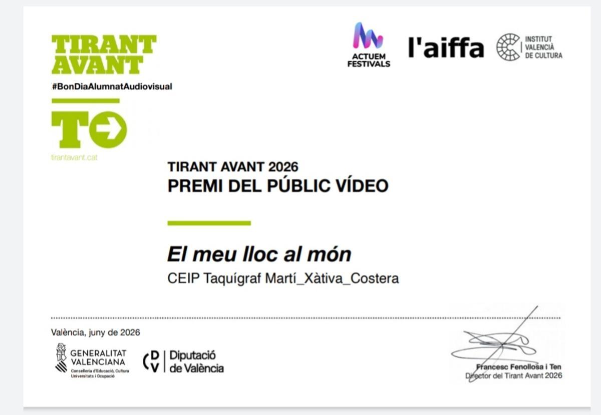 Diploma del premio del Público al CEIP Taquígraf Martí de Xàtiva.