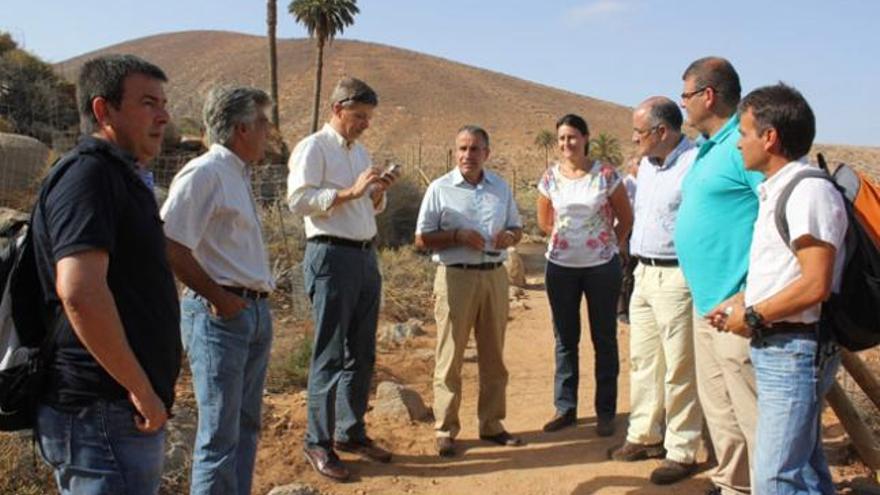 Las autoridades y técnicos durante la visita al palmeral del Buen Paso, ayer. | fuselli