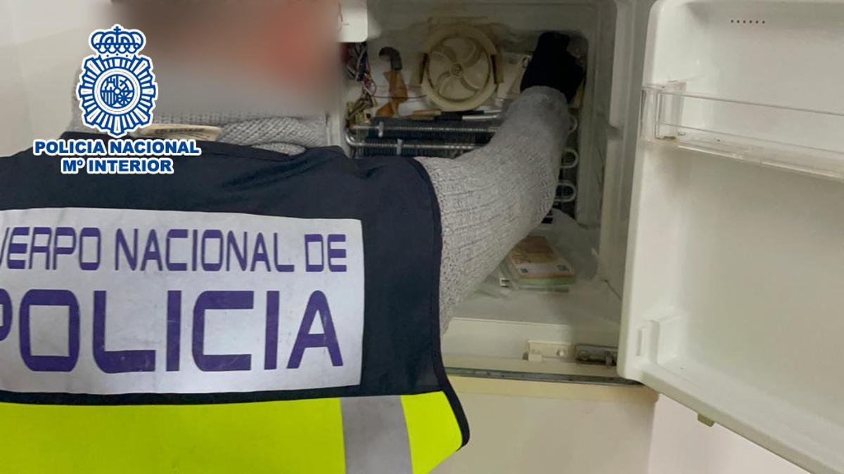 Un policía registrando el congelador.
