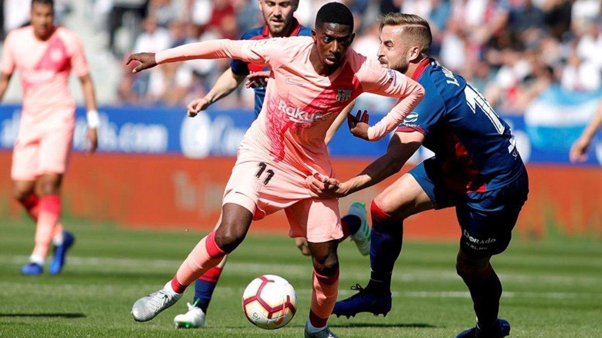 Dembélé jugó 67 minutos en El Alcoraz. Dejó atrás la lesión que sufrió ante el Olympique de Lyon el 13 de marzo de 2019