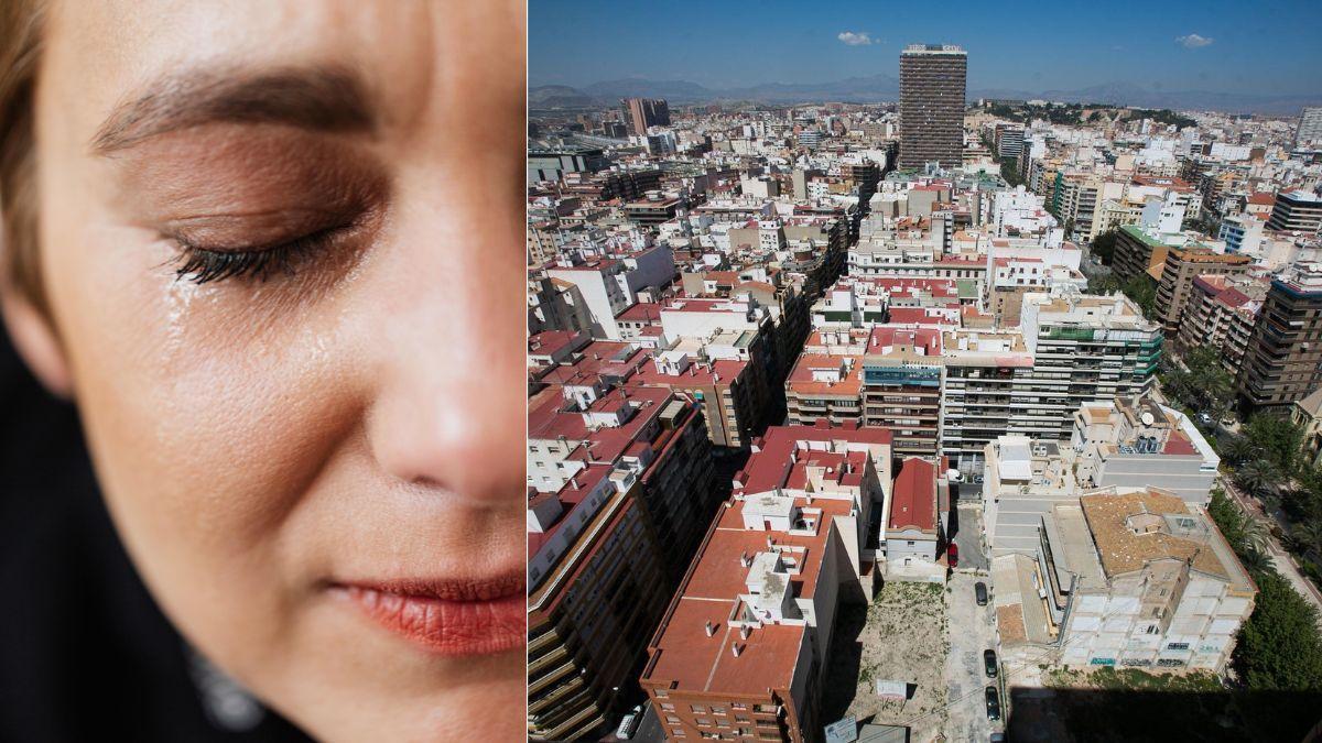 Una chica llorando, junto a una vista aérea de Alicante en una imagen de archivo