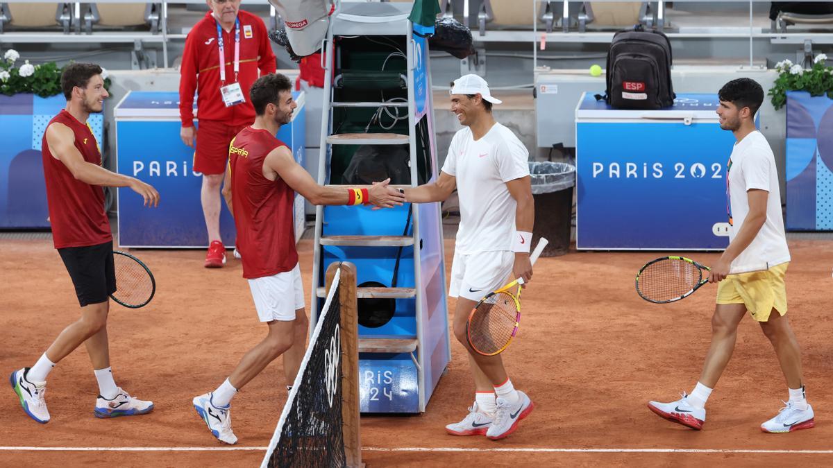 Entrenamiento de Rafa Nadal y Alcaraz vs Marcel Granollers y Pablo Carreño