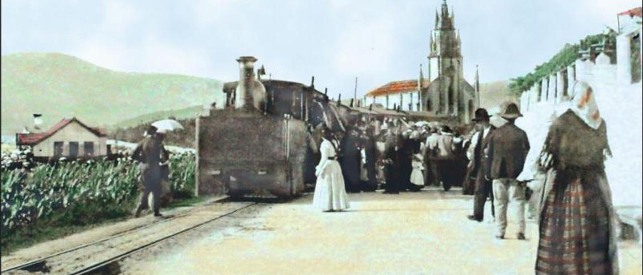 A locomotora Pontevedra na parada de Lourizán con bañistas aos Praceres.