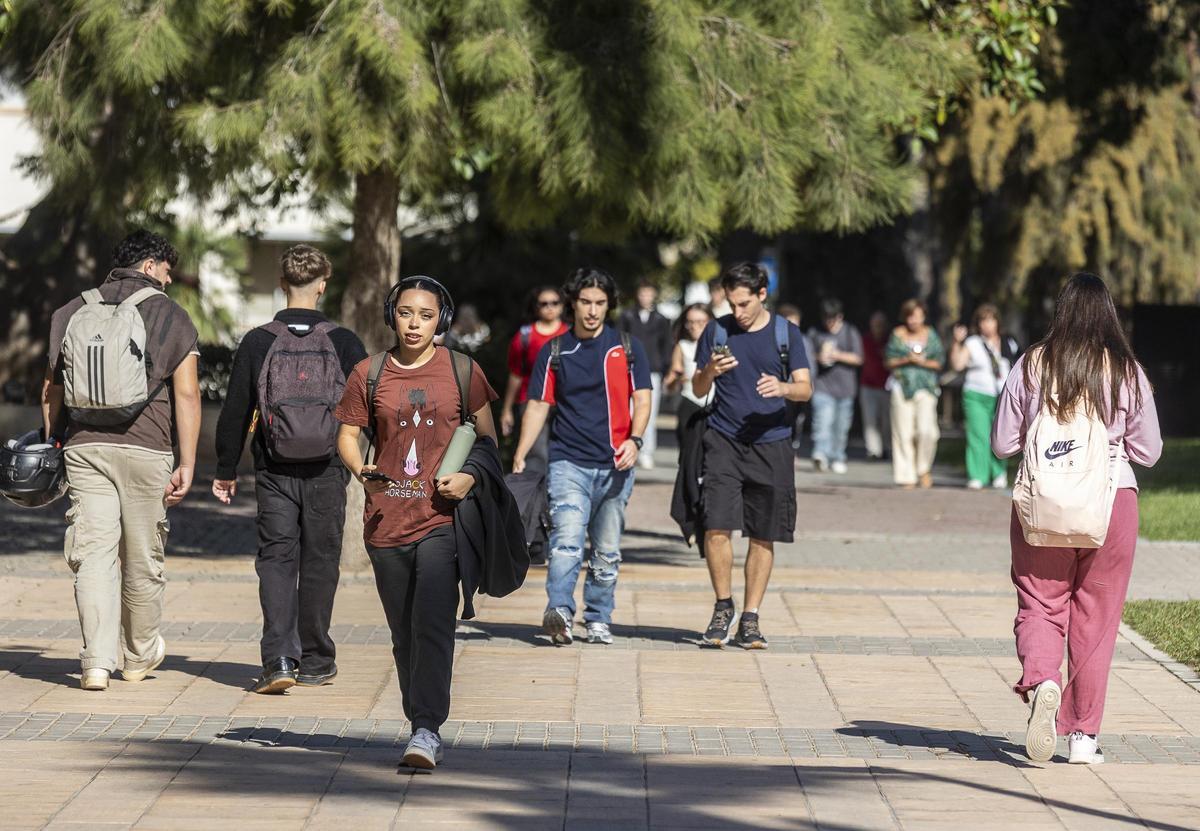 Alumnos de la Universidad de Alicante caminando en el exterior del campus
