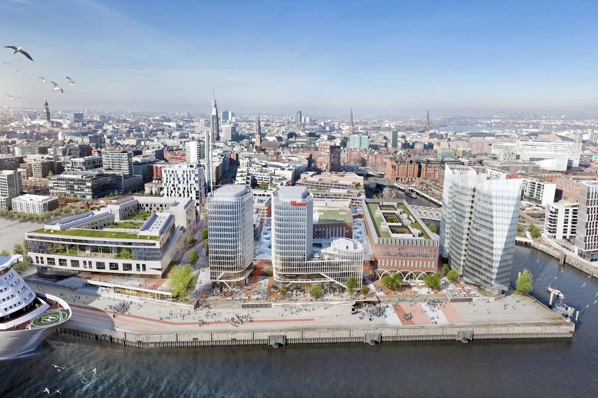 Imagen aérea del nuevo centro comercial y el resto de edificios de URW en Hamburgo