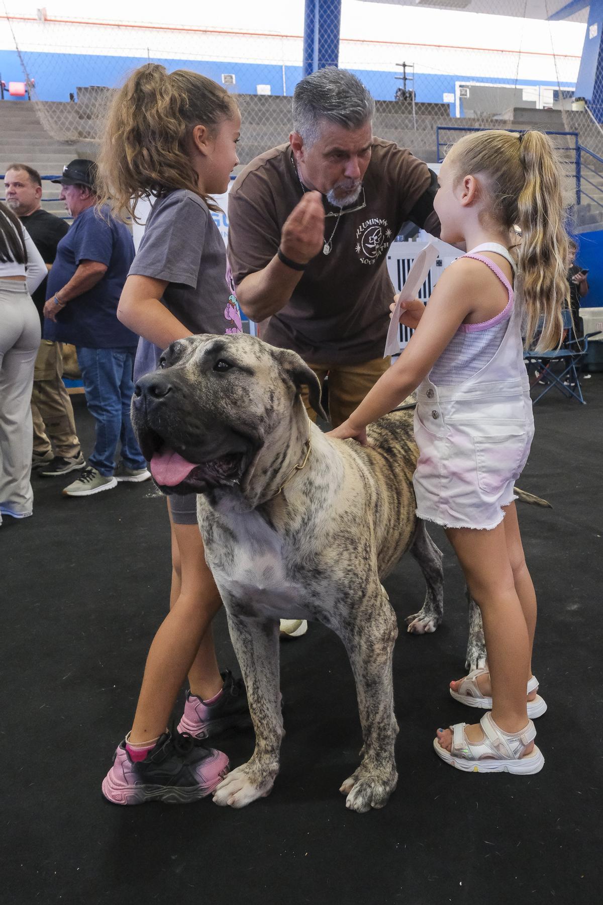 Dos niñas junto a su presa canario.