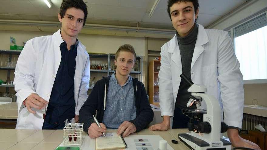 Carlos de Frías, Valentín Estévez y José Rodríguez en el laboratorio del IES Sánchez Cantón.  // G. Santos