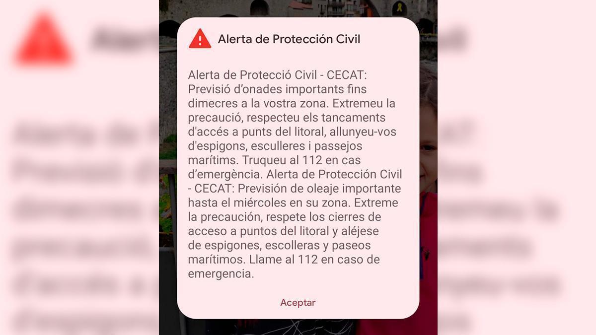 L'alerta de Protecció Civil per l'onatge.