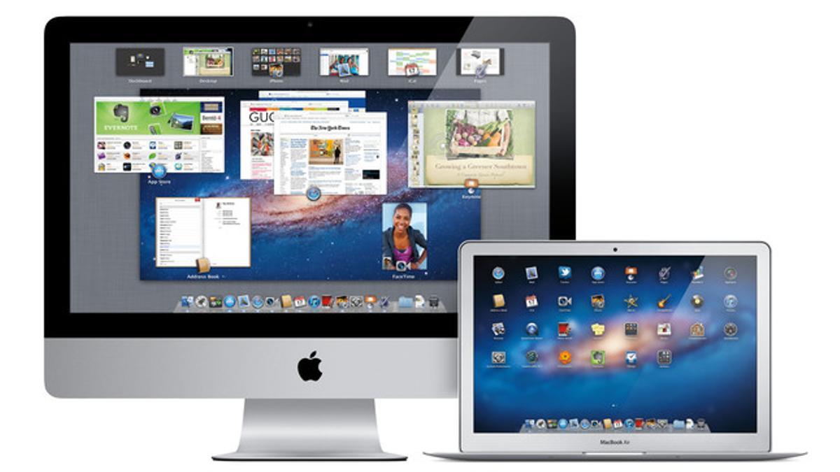 Un iMac y un Macbook con el Mac OS X Lion instalado.