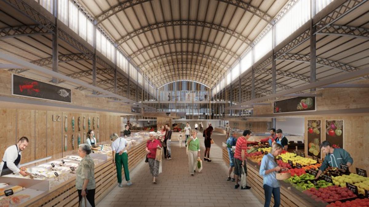 Render que muestra cómo quedará el nuevo mercado de la Abaceria, situado en el barrio de Gràcia de Barcelona