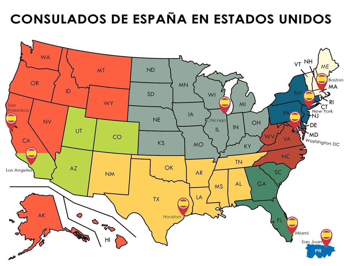 Mapa con los consulados de Estados Unidos