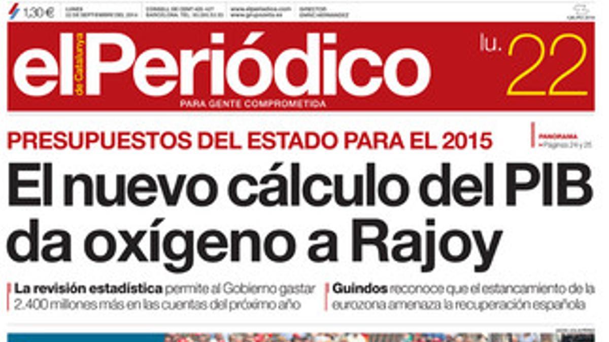 La portada de EL PERIÓDICO (22-9-2014).