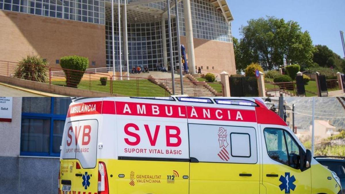 Arriba, el polideportivo de Villena. Bajo, una ambulancia.