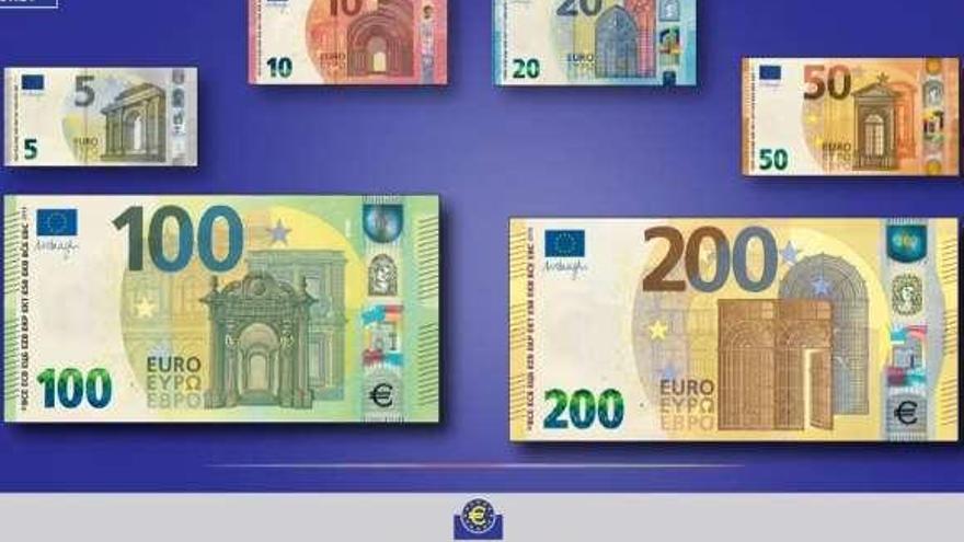 Todos los billetes de la serie Europa, con los nuevos de 100 y 200 euros.