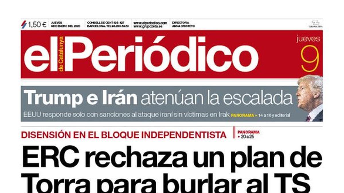 La portada de EL PERIÓDICO del 9 de enero del 2020