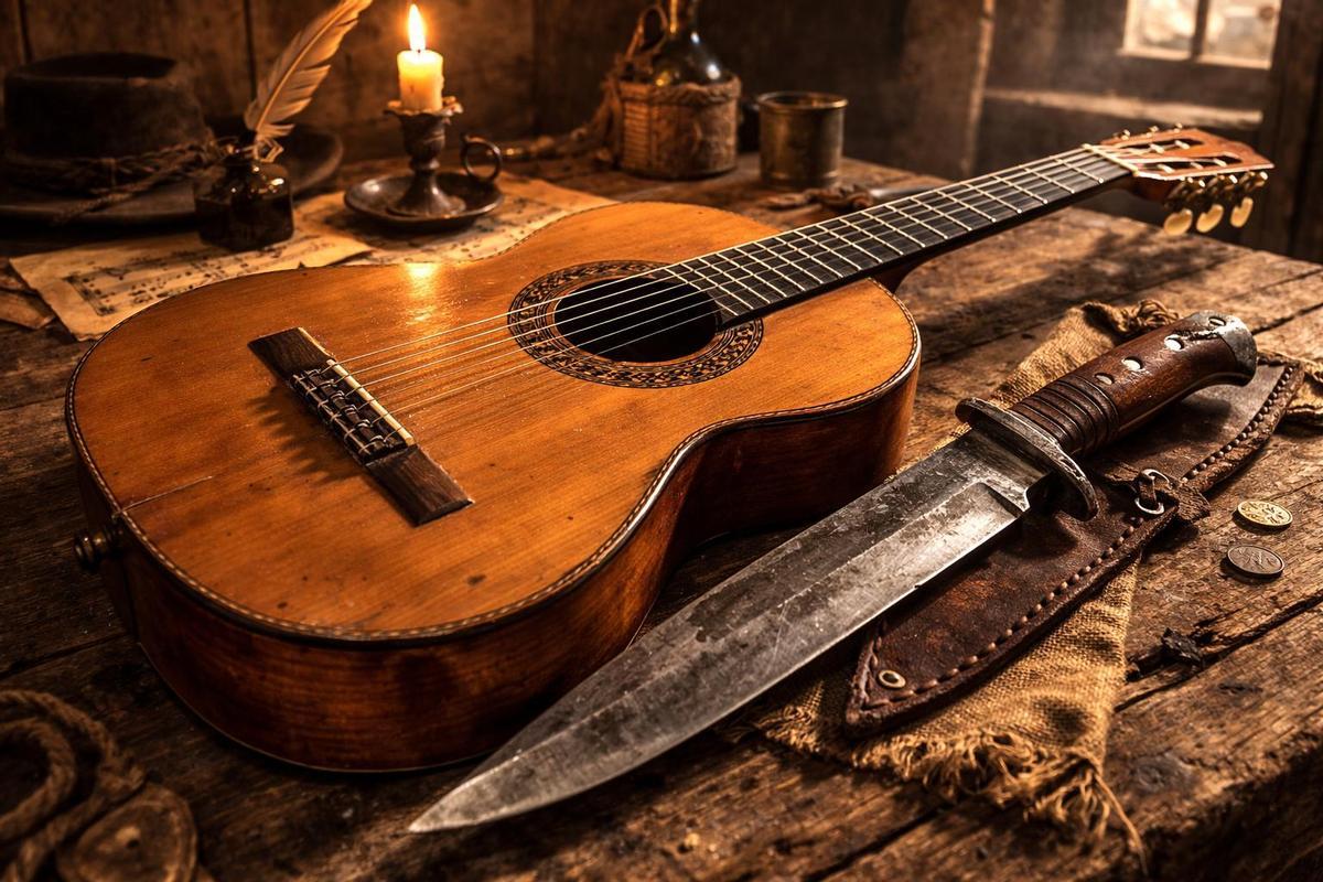 Recreación de una guitarra y una faca, objetos protagonistas de esta historia.