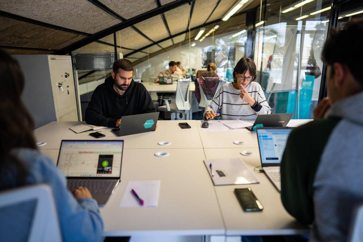 Profesionales de la 'startup' de economía azul Ocean Ecostructures, la primera empresa que se ha instalado en los tinglados de Sant Bertran, sede el BlueTechPort.