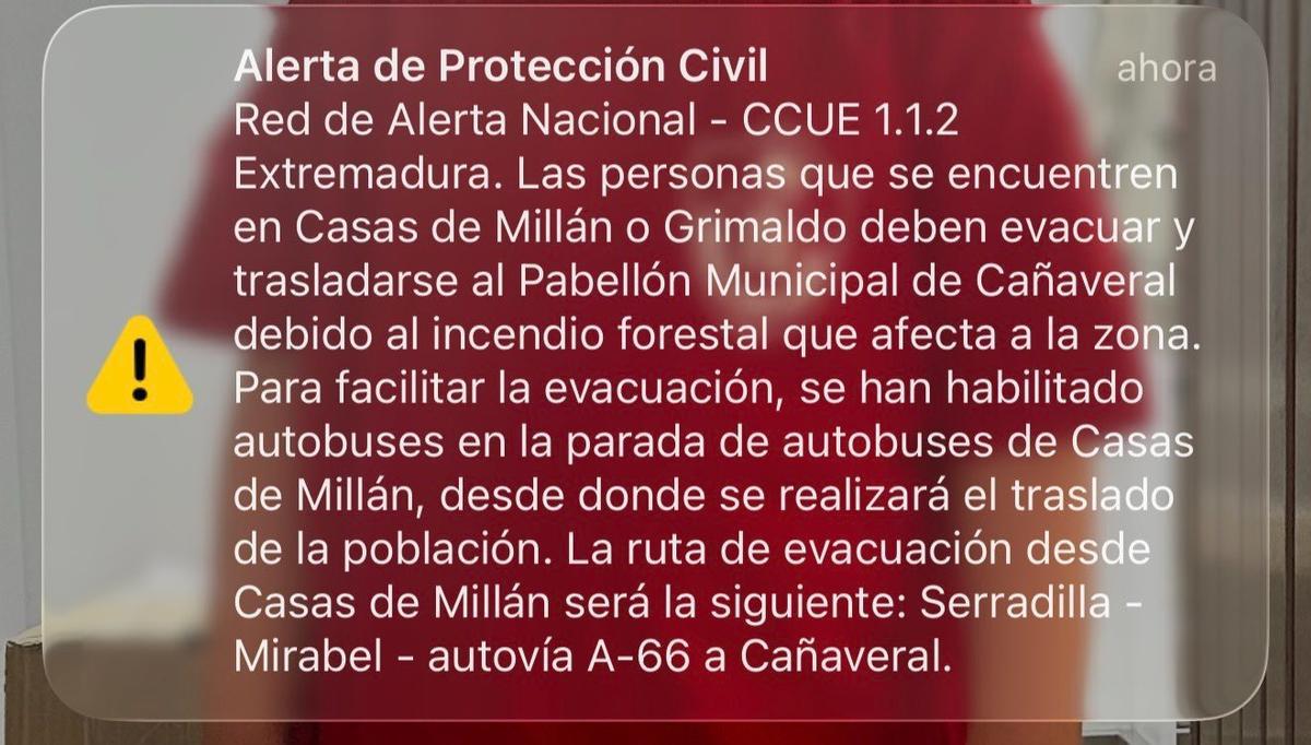 Mensaje ES-Alert recibido por los vecinos desalojados.