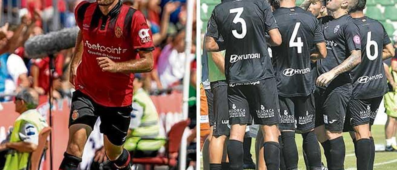 Álex López celebra su segundo gol a la Llagostera (izq); Los jugadores del Atlético Baleares se refrescan en Elche (dcha)