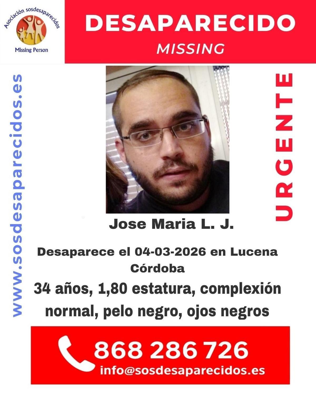 Hombre de 34 desparecido en Lucena desde el miércoles, en la imagen facilitada por SOS Desaparecidos.
