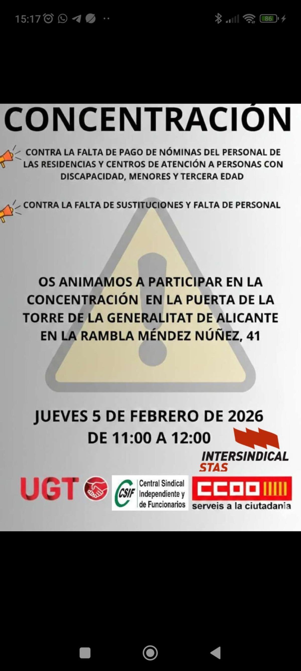 Cartel de la concentración de centros de servicios sociales que se celebra este jueves 5 de febrero en Alicante