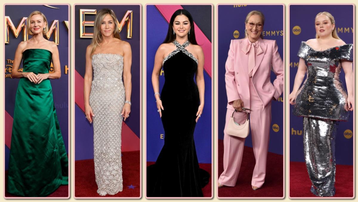 Las mejor vestidas de la gala de los Emmy 2024: de izquierda a derecha, Naomi Watts, Jennifer Aniston Selena Gomez, Meryl Streep y Nicola Coughlan.