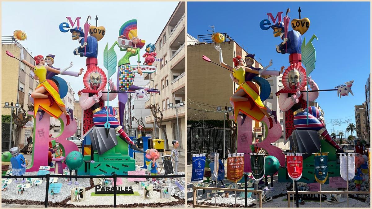 La falla Benicarló, antes y después de los daños sufridos por el viento.