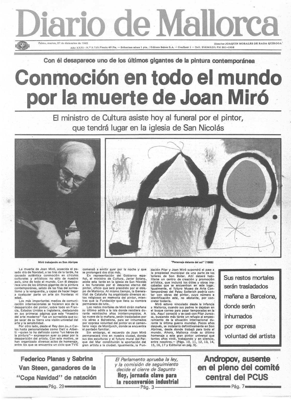 Portada de Diario de Mallorca del 27 de diciembre de 1983, con la muerte de Joan Miró