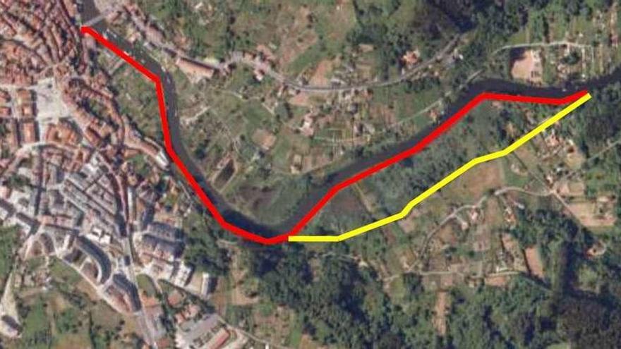 Trazado proyectado por el carrizal de San Xiao (en rojo) y alternativa planteada por los ecologistas (en amarillo).