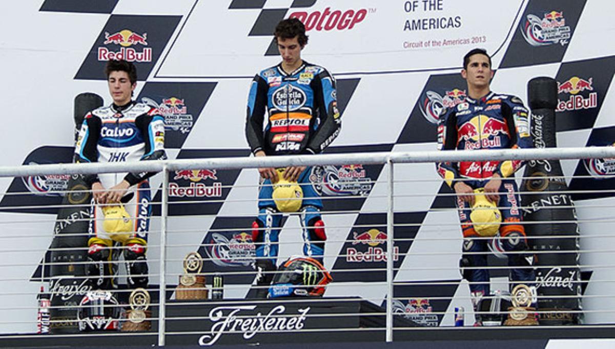 D’esquerra a dreta, Viñales, Rins i Salom, el podi de Moto3 del GP de les Amèriques.
