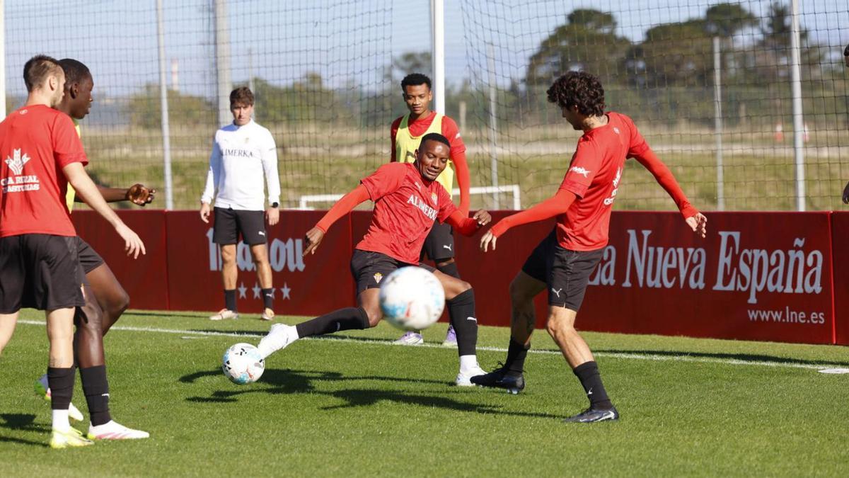 Por la izquierda, Dubasin, Amadou, Pablo Caso, Óscar Cortés, Otero y César Gelabert, ayer, en Mareo. | MARCOS LEÓN