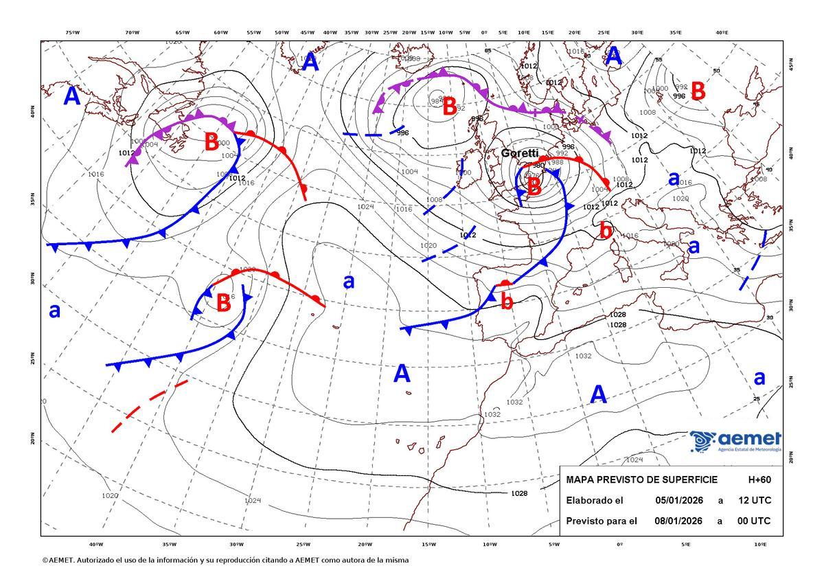 Mapa de frentes previsto para el 8 de enero de 2026