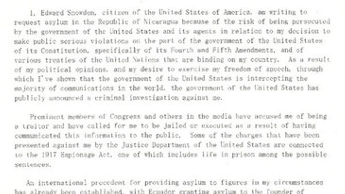 Carta de Snowden pidiendo asilo a Nicaragua, según medios del país