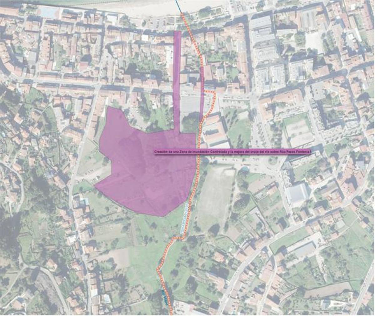 La zona de intervención propuesta en la alternativa 2, que incluye la creación de una zona de inundación controlada o laguna de 22.000 metros cuadrados en As Lagoas.