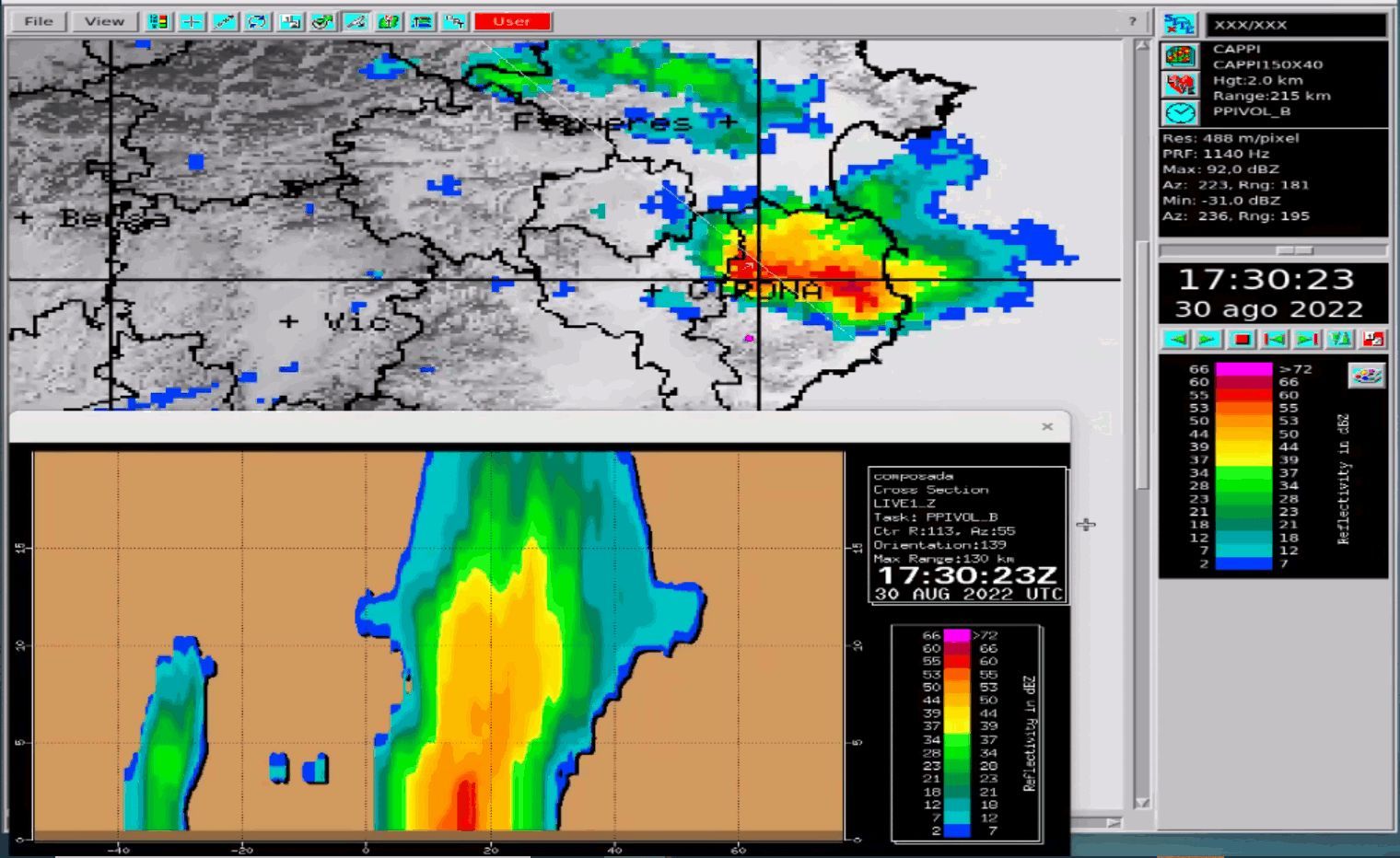 Imatges de reflectivitat del radar i perfil vertical de la tempesta a les 17:30 TU