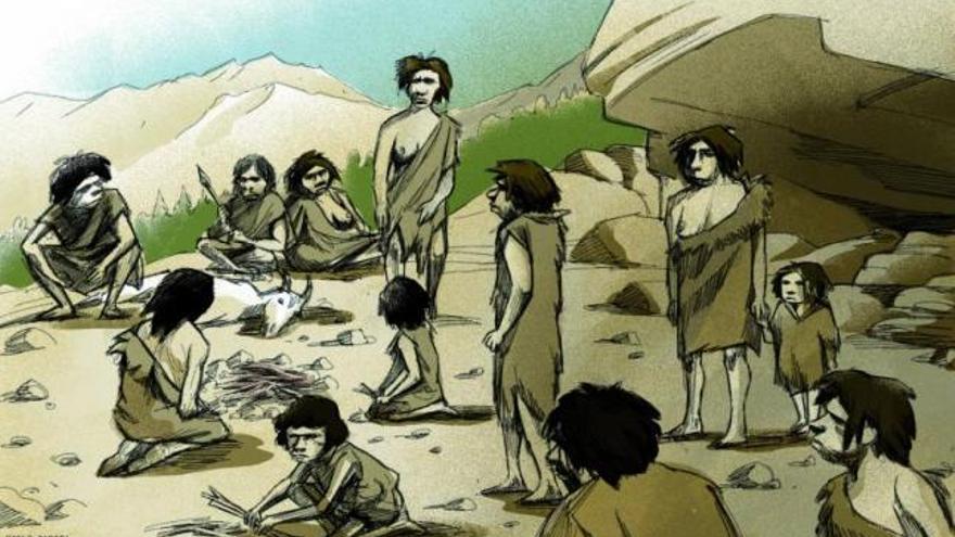 Representación gráfica del grupo de neandertales que vivieron en la cueva de Sidrón (Piloña).
