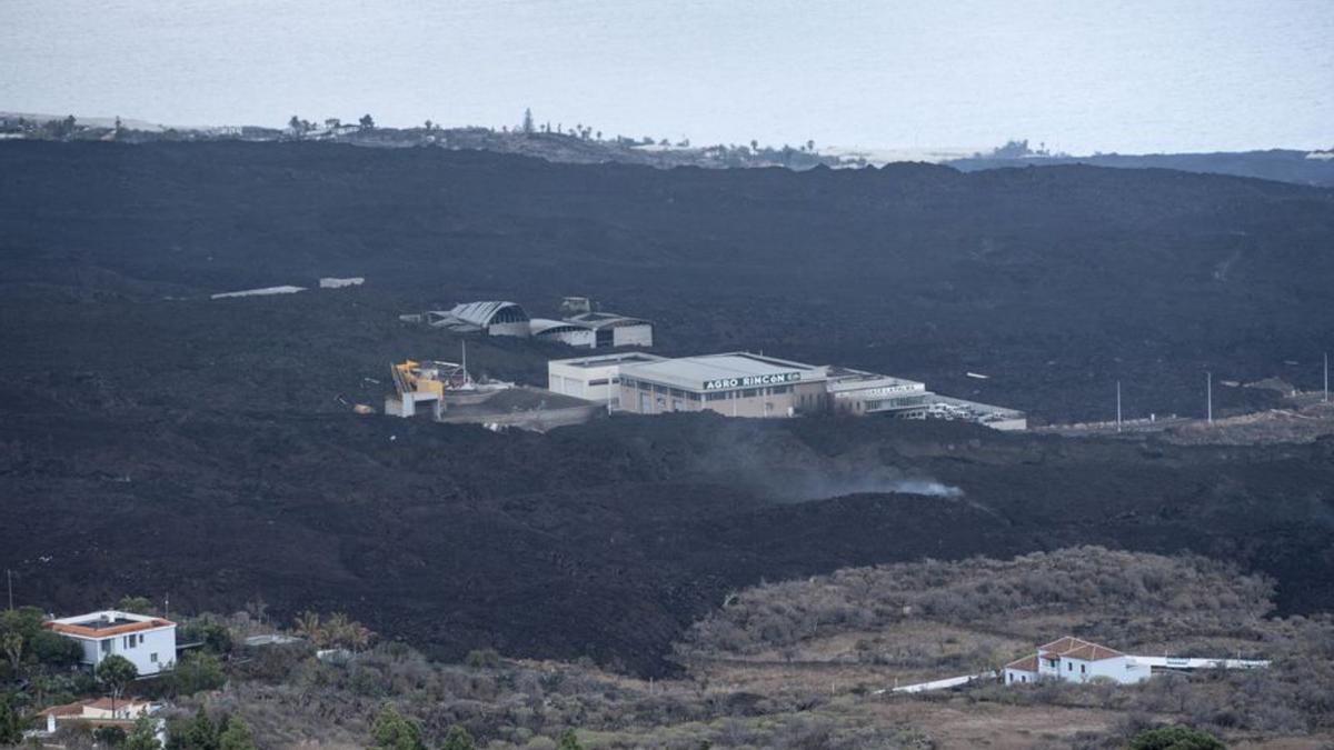 Una nave del polígono industrial de Los Llanos rodeada por la lava. | | ARTURO RODRÍGUEZ