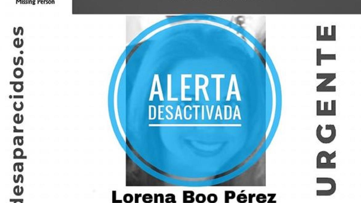 Cartel de SOS Desaparecidos desactivando la alerta de búsqueda de la mujer de A Pobra