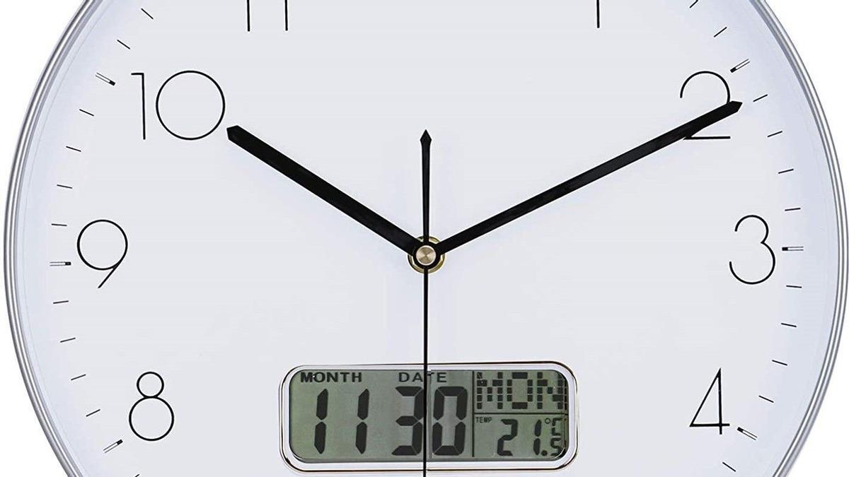 Lafocuse Reloj de Pared Calendario Plateado con Fecha y Termometro LCD