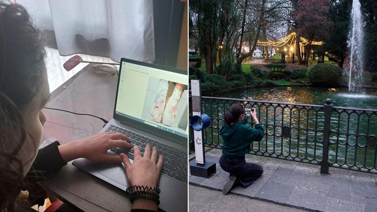 Dos alumnas de La Inmaculada, Carlota Santos (a la derecha) y Carlota Cárdenas (sobre estas líneas), durante el trabajo con sus fotografías sobre la igualdad.