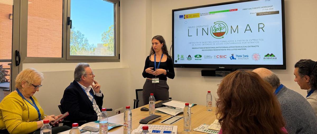 La investigadora Érika Férnandez expone los avances de Linomar durante el workshop en la UMU.