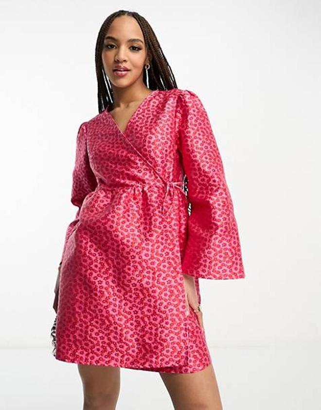 Vestido corto rosa y rojo cruzado con mangas estilo kimono premium de Pieces