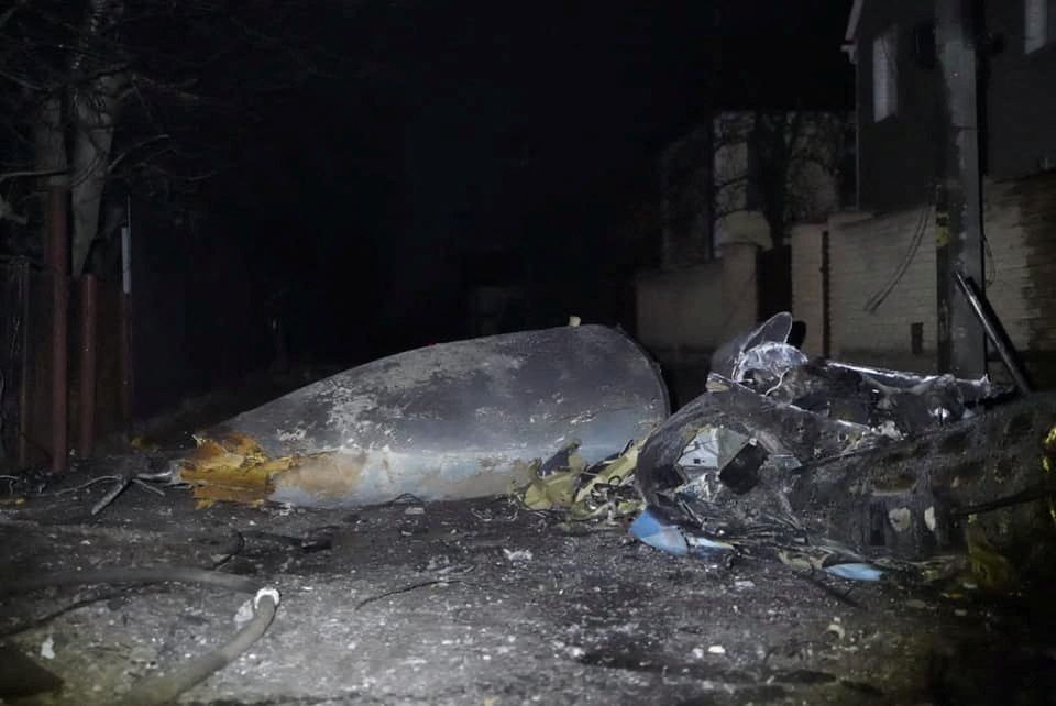 A view shows the wreckage of an unidentified aircraft in a residential area in Kyiv