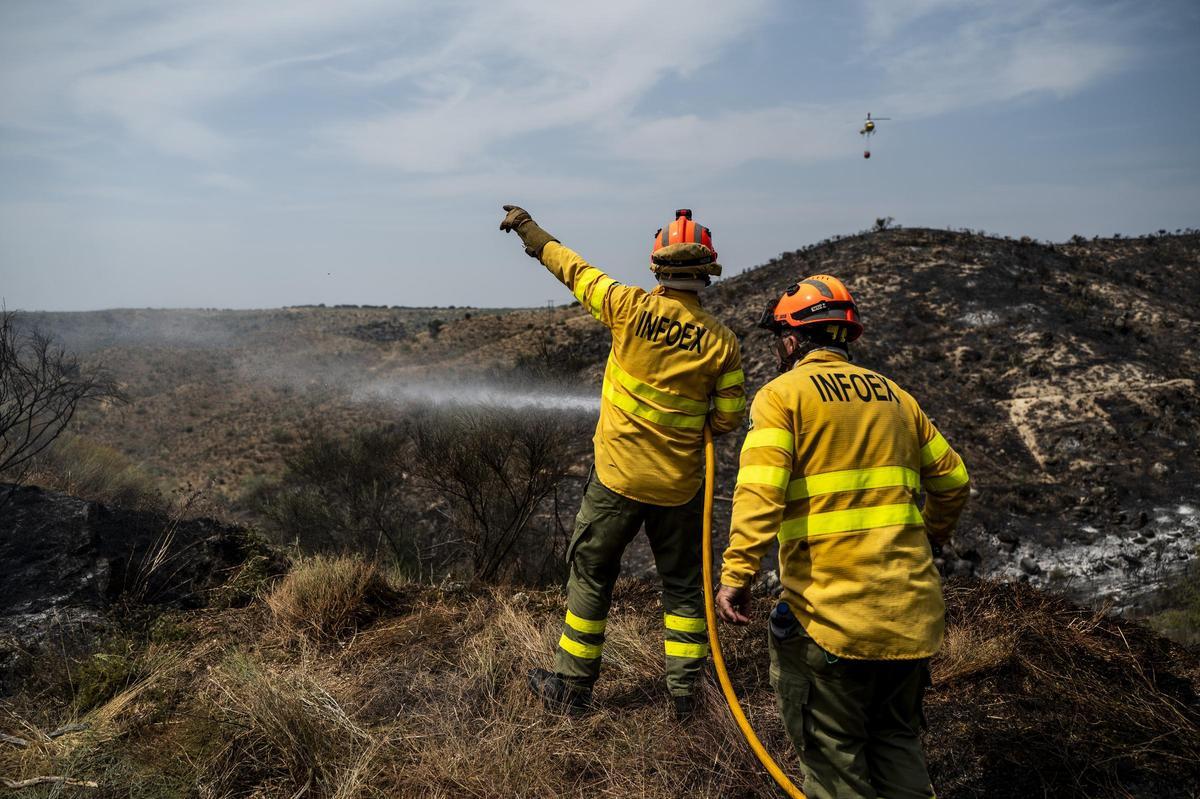 Dos bomberos forestales del Infoex trabajando en un incendio en Garrovillas de Alconétar este verano.