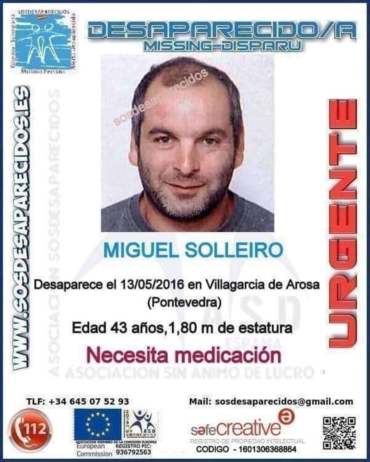 Cartel de SOS Desaparecidos con los datos de Miguel Solleiro