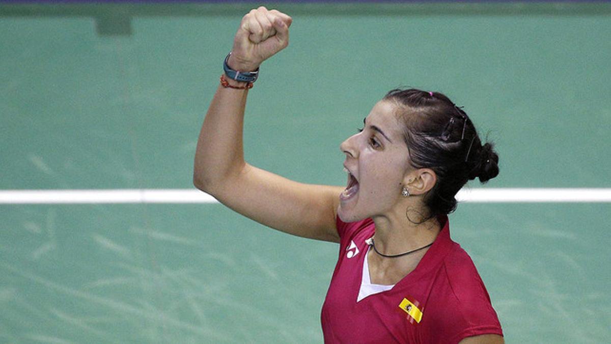 Carolina Marín, feliz tras imponerse a la taiwanesa Tzu Ying Tai en semifinales del Abierto de París