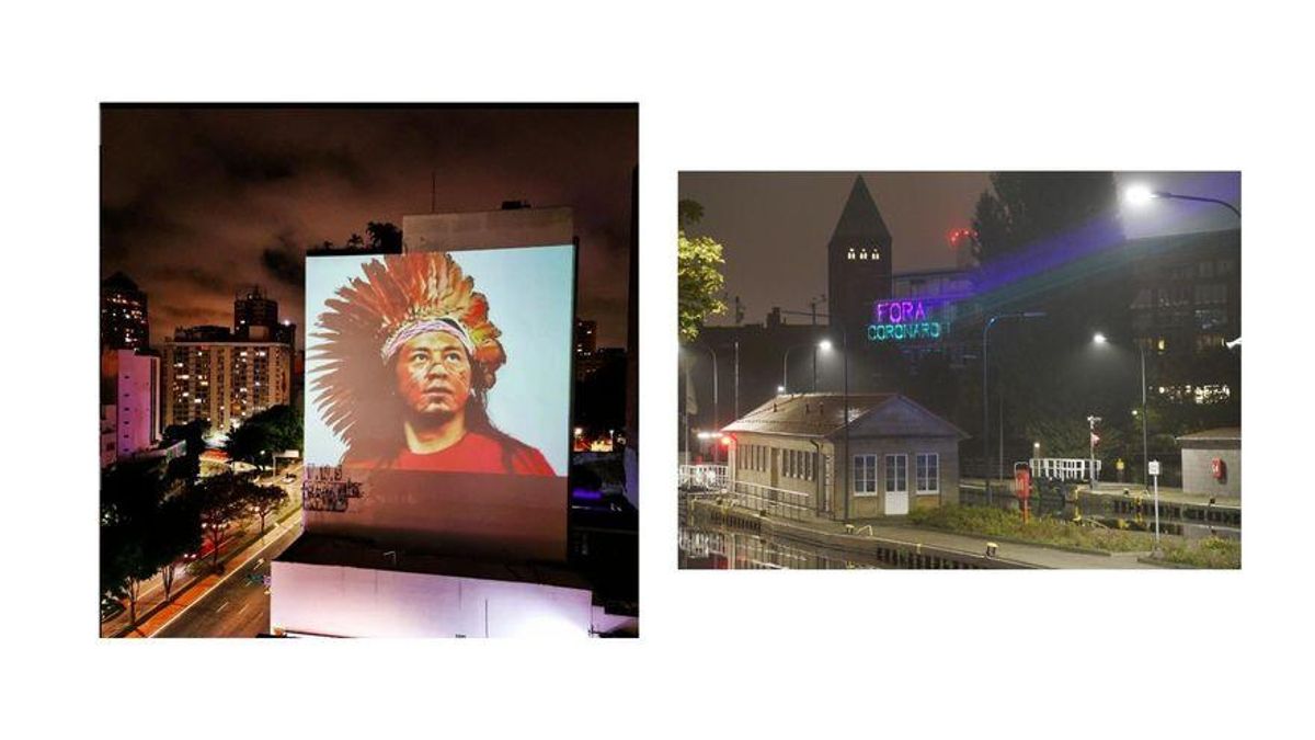 A la izquierda, proyección del colectivo Projetemos en São Paulo, homenaje a Jaider Esbell, artista indígena fallecido. A la derecha, proyección de Paulinho Fluxus en la embajada brasileña en Berlín, denunciando la gestión pandémica de Jair Bolsonaro.