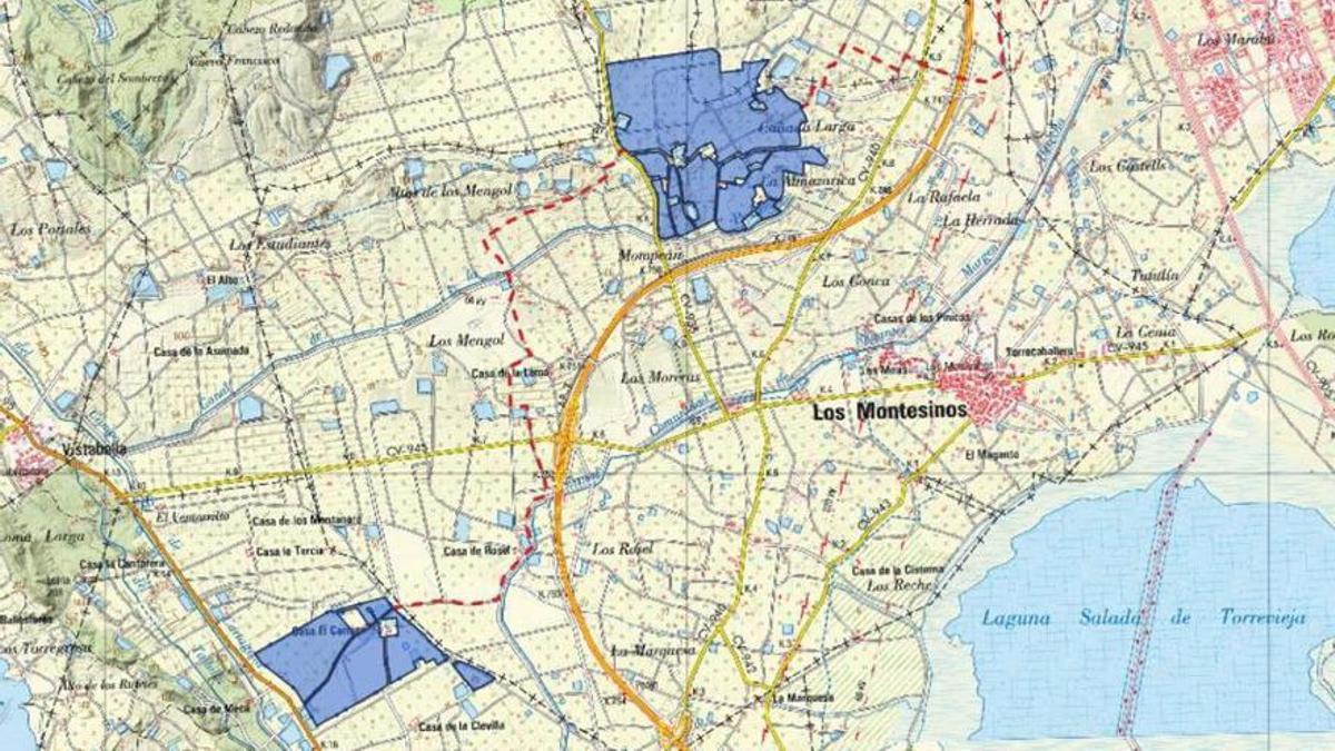 En azul, las dos instalaciones previstas en la planta solar "Vega del Segura"