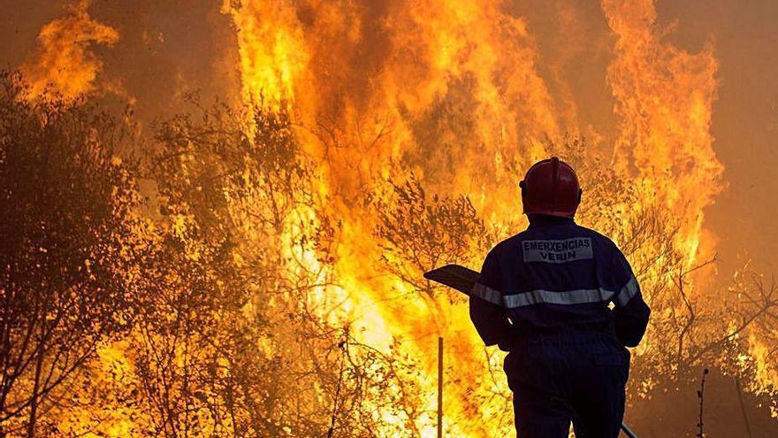 Un bombero forestal, en un incendio en Cualedro (Ourense) en septiembre.