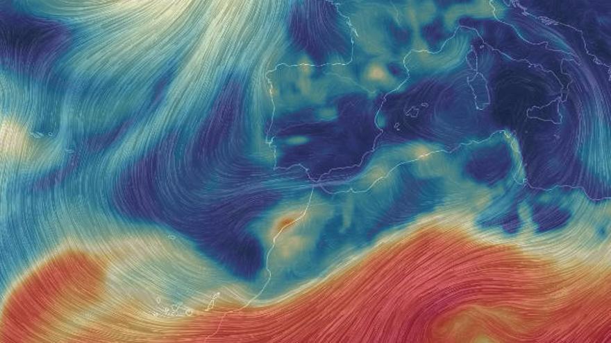 Captura de la web &#039;earth.nullschool&#039; con el índice de partículas PM,2,5, que muestran la intrusión de calima, ayer, por el sur del Archipiélago.